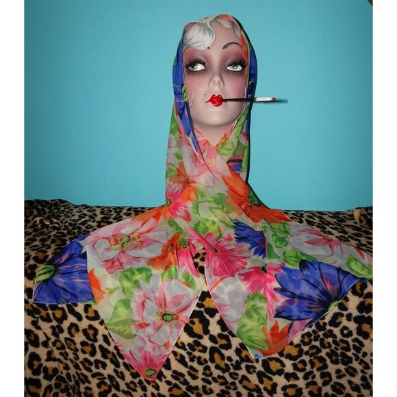 Vintage Diane Von Furstenberg Long Floral Scarf pinup retro rockabilly head wrap - Picture 4 of 9